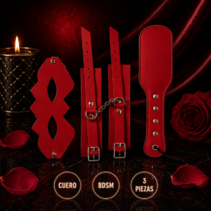 Kit de Cuero Rojo: Esposas + Antifaz + Fusta